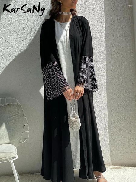 Ropa étnica Dubai Luxury Kaftan Abaya con diamantes negros Muslim Muslim Elegante Femenina suelta Solid Color Rata para mujeres