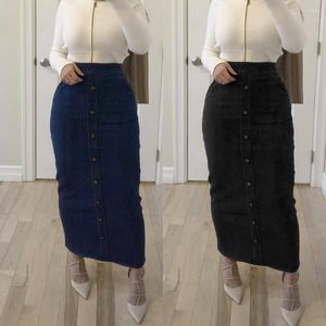 Etnische kleding Dubai Moslimknop Jeans kokerrok vrouwen hoge taille bodycon denim lange rokken Midden -Oosten Turkse abaya islamitisch