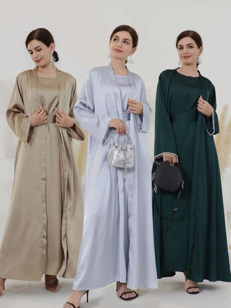 Ropa étnica Dubai Moda musulmana Abalorios Largos Abayas Trajes para mujeres Kaftan Robe Femme Musulman Boda Tarde Maxi Vestidos Conjuntos