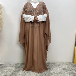 Vêtements ethniques Dubai Ouvert Abaya Femmes Musulmanes Perles Cardigan Bat Manches Maxi Robe Turquie Kimono Arabe Eid Robe De Fête Islam Jalabiya Caftan
