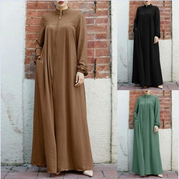 Ropa étnica Dubai Vestidos tradicionales Abaya Mujeres largas con bolsillos Islam Musulmán Moda Stand Collar Cremallera Mangas