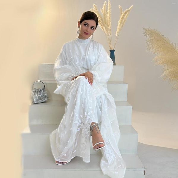 Vêtements ethniques Dubaï Blanc Organza Broderie Cardigan pour femmes Mode Robe de soirée Musulmane Islamique Ouvert Avant Abaya Robe