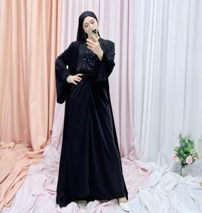 Etnische kleding Eid 3 -delige vrouwen Moslimsets Hijab Turkije Outfit Open Abaya Kimono Slip Jurken Wrap Front Maxi Rok Dubai Saudi Islam