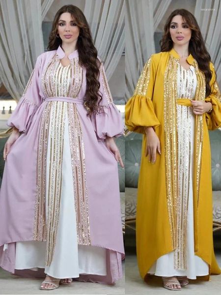 Vêtements ethniques Eid Abaya 2 pièces Set pour les femmes robes Lantern Sleeve Ramadan Sequin Jalabiya Dress Muslim Maxi Robe Caftan Party Vestido