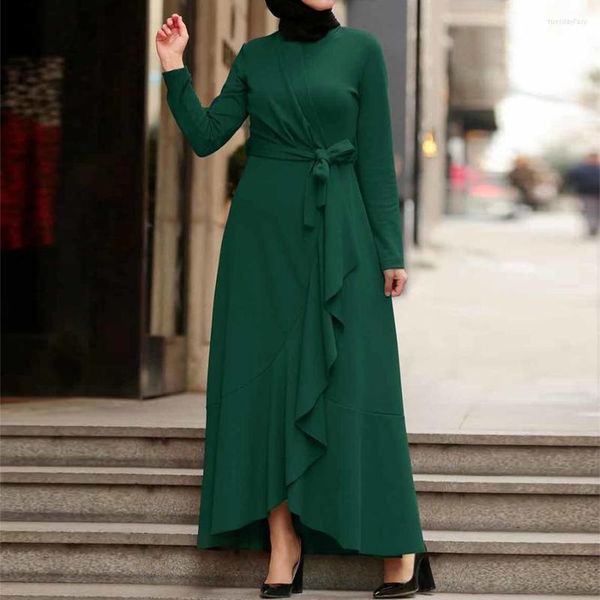 Vêtements ethniques Eid Abaya Robe Femmes Musulman Ourlet Irrégulier Volants À Manches Longues Col Montant Cravate Taille Nida Dubai Turk Modeste Porter