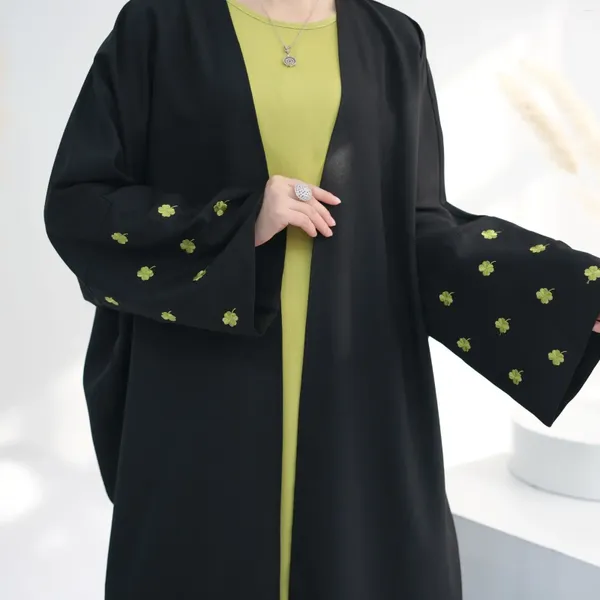 Ropa étnica Eid Abaya Lino Kimono Mujeres Dubai Trébol de lujo Bordado Abayas abiertas para musulmán Turquía Hijab Vestido Ramadán Islam Kaftan