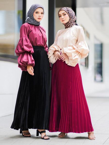 Ropa étnica Eid Abaya Falda musulmana Falda plisada Swing Faldas largas para mujeres Dubai Modest African Islamic Color sólido Satin Hijab Dress