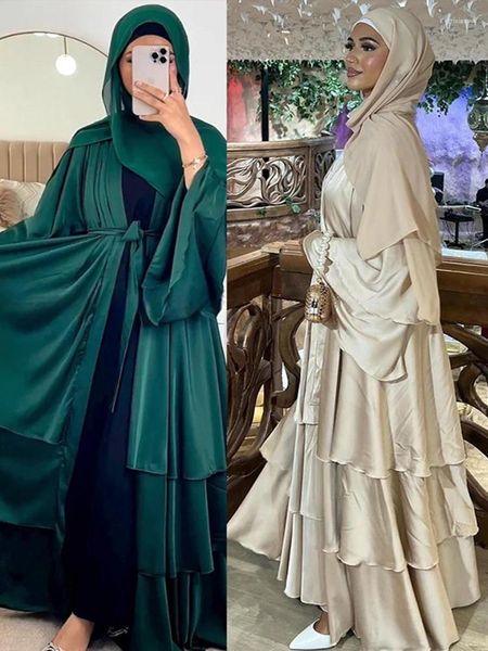 Vêtements ethniques Eid Abayas pour femmes Satin musulmane 3 couches jalabiya Ramadan Robe Cake Robe Caftan Long Robes Vestido Largo Cardigan