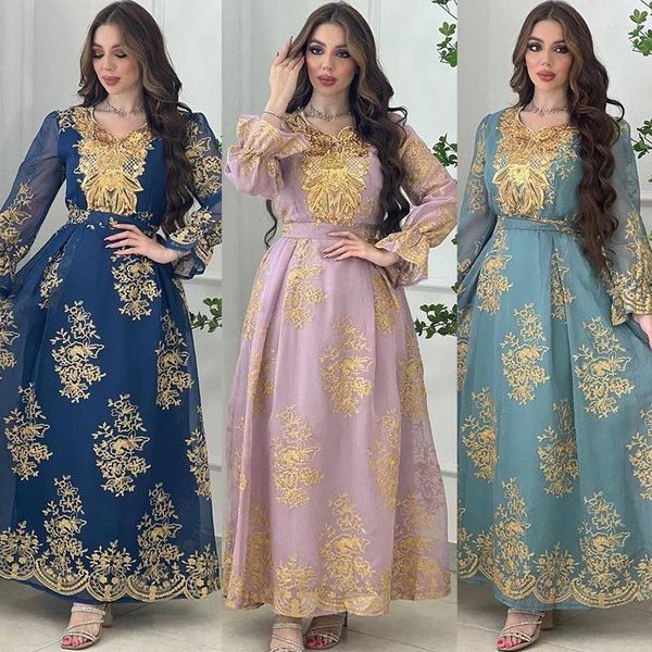 Vêtements ethniques Eid Al-Adha Arabe Dubaï Brodé Applique Robe Musulmane Soirée Robe Dentelle Manches Longues Élégant Arabe Moyen-Orient