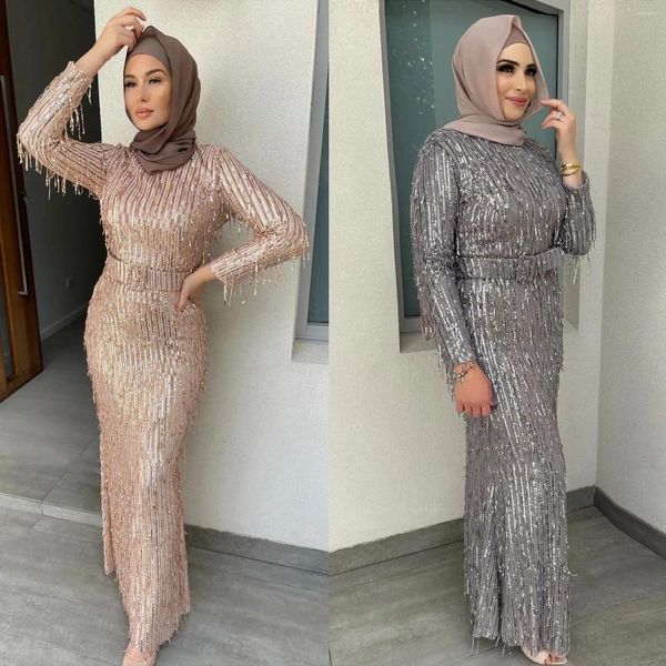 Ropa étnica Eid Dubai Turquía Jalabiya para mujeres Medio Oriente Sexy con cuentas borla Slim Vestido de ajuste Mujer musulmana