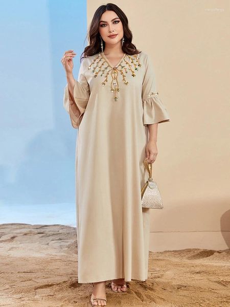 Vêtements ethniques Eid Flare Manches V Cou Robe de soirée pour femmes Abaya Jalabiya Musulman Kimono Maxi Robe Marocaine Caftan Robes 2023