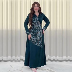 Ropa étnica Eid Jalabiya Musulmán Abaya Vestido de fiesta para mujeres Diamante árabe Con cuello en V Vestidos largos Robe Elegante Ramadán Islam Vestidos