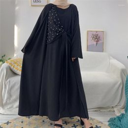 Vêtements ethniques Eid Mubarak Abaya 2 pièces assorties ensemble perles femmes musulmanes ouvert kimono robe intérieure costume Dubaï Kaftan Turquie Ramadan Robe