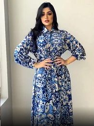 Roupas étnicas Eid Mubarak Abaya Dress Dubai Muslim Women Print Blue Hijab Dresses Turquia Caftan Islâmico Marocain Vestido Musulmane