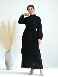 Vêtements ethniques EID Musulman 3 couches Robe de gâteau Femmes plissées Abaya Col roulé Jalabiya Lace-up Maroc Robes de soirée Kaftan Robes longues