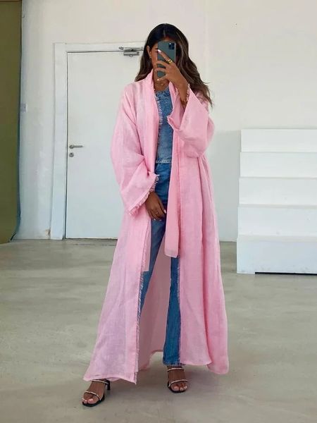 Vêtements ethniques Eid Musulman Abaya Femmes Rose Coton Lin Cardigan Jalabiya Maroc Robes De Fête Dubaï Abayas Kaftan Robes Arabe Longue Robe 231208