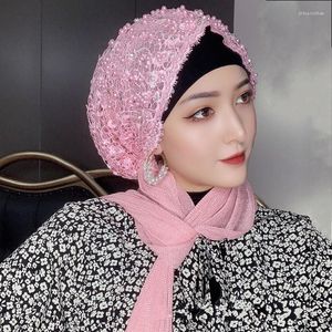 Vêtements ethniques Eid musulman élégant perlé femmes casquette dentelle fleurs Hijabs femme châles islamique filles mode écharpe chapeaux dubaï longue