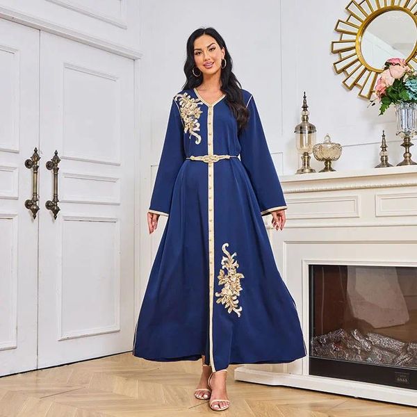 Ropa étnica Eid musulmán vestido largo mujeres elegante abaya bata cinturón bordado flor ramadan v cuello kaftan caftan jalabiya