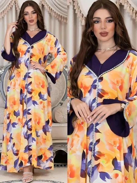 Vêtements ethniques EID Robe de soirée musulmane pour femmes Maroc Imprimer Robes Ramadan Lace-up Abayas Kaftan Islam Broderie Dubaï Arabe Longue Robe