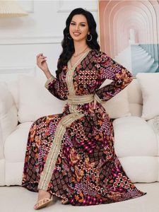 Vêtements ethniques Eid Muslim Print Party Robe pour femmes Lace-Up Jalabiya Abaya Ramadan Long Robes Abayas femme Kimono Robe Caftan Vestidos