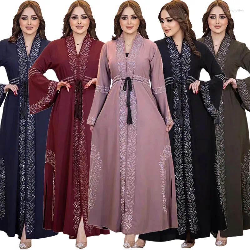 Etnik Giyim Eid Partisi Faslı Abaya Açık Fermuarı Müslüman Kadın Elmas Elbiseler Türkiye Arapça Çöp Femme Dubai Kaftan Ramazan İslam