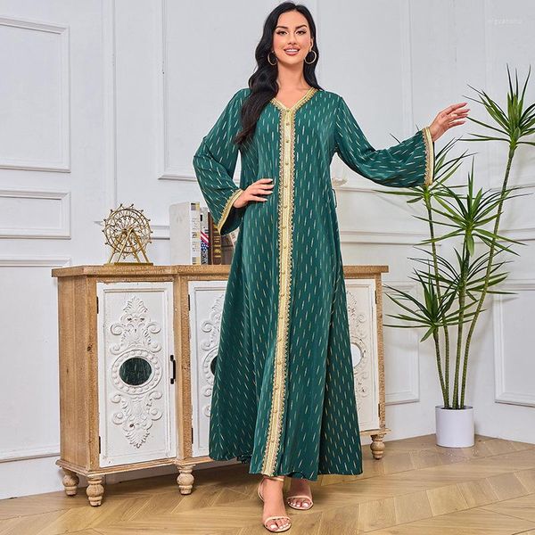 Ropa étnica Fiesta Eid Mujeres Musulmanas Estampado de oro Cuentas Largo Maxi Vestido Turquía Árabe Kaftan Dubai Robe Cinturón Marruecos Islámico Ramadán