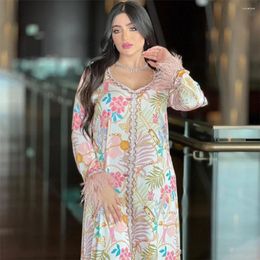 Etnische kleding Eid Party Moslimvrouwen Print Abaya Diamonds Feather Long Maxi Dress Turkije Dubai Kaftan Arab Islam Robe Marokko Caftan