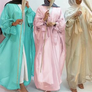 Vêtements ethniques EID Party Ouvert Abaya Musulman Soie Satin Cardigan Femmes Longue Robe Maxi Turquie Kimono Robe Arabe Kaftan Dubaï Islamique Jalabiya