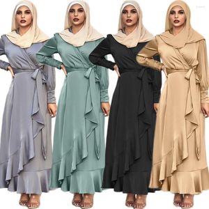 Etnische Kleding Eid Ramadan Abaya Dubai Moslim Kaftan Satijn Vrouwen V-hals Hijab Jurk Ruche Lange Islamitische Arabische Maxi Gewaad Turkije vestidos