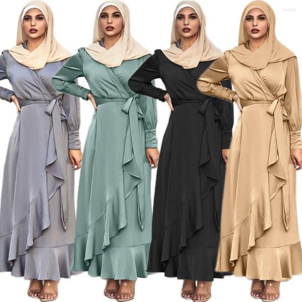 Ropa étnica Eid Ramadán Abaya Dubai musulmán Kaftan satén mujeres cuello en V vestido Hijab volante largo árabe islámico Maxi bata Turquía Vestidos