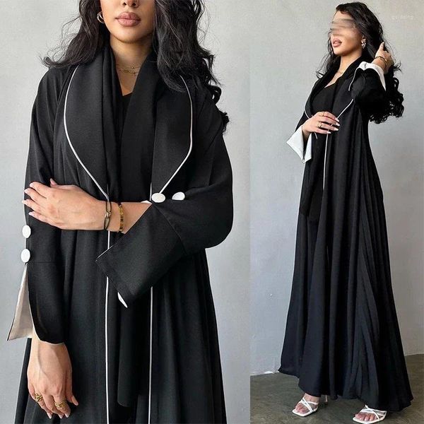 Vêtements ethniques Eid Ramadan Abaya Femmes Musulmanes Élégantes Robe Caftan Marocaine Cardigan Ouvert Longue Robe Plissée Dentelle Noir Islamique Jalabiya