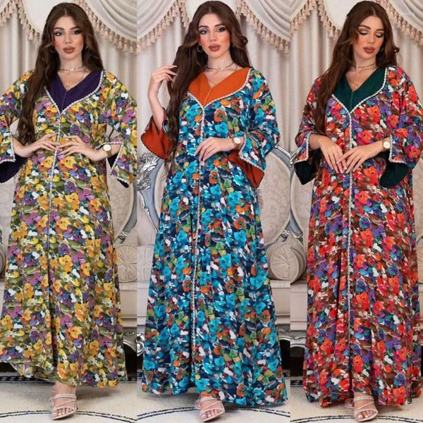 Ropa étnica Eid Ramadán Estampado floral Fiesta Abaya Mujeres Musulmanas Satén Maxi Vestido Islámico Jalabiya Marocain Kaftan Dubai Robe Solapa Caftan