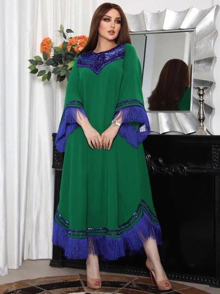 Ropa étnica Eid Ramadán Marruecos Vestido Mujeres Jalabiya Lentejuelas Borla Musulmán Abaya Kaftan Noche Verde Fiesta Vestidos Moda Abayas