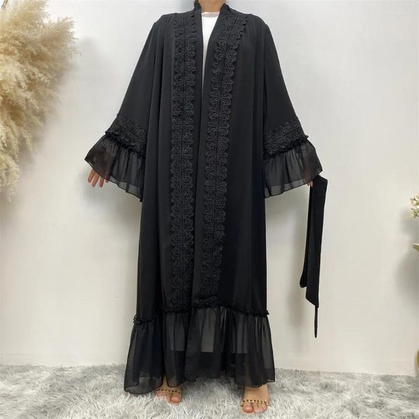 Vêtements ethniques Eid Ramadan Femmes musulmanes Maxi Robe Kaftan Ouvert Abaya Dentelle Noire Kimono Cardigan Dubaï Turquie Robe Islamique Jalabiya Robe