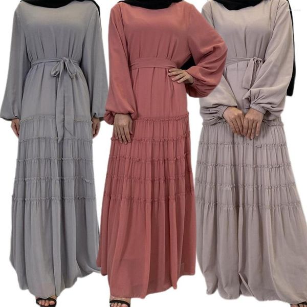 Vêtements ethniques Eid Ramadan femmes musulmanes Robe longue en mousseline de soie solide à volants islamique moyen-orient dubaï caftan Maxi Robe Abaya arabe ample