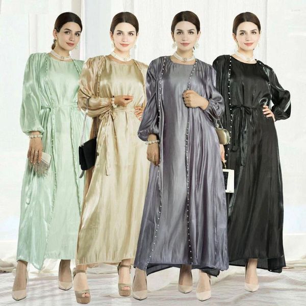 Ropa étnica Eid Ramadán Mujeres Musulmanas Kimono Cardigan Brillante Satén Abierto Abaya Vestido de cuentas Fiesta Jalabiya 2 piezas Set Dubai Kaftan Robe