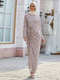 Etnische kleding Eid Ruched Floral Print Abaya -jurk Chiffon Moslimvrouwen hijab Robe Afrikaanse lange jurken Kaftan Islam Dubai Turkije Modest