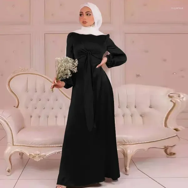 Vêtements ethniques EID Satin Abaya Musulman Wrap Robe Ramadan Noir Abayas pour femmes Dubaï Turquie Robes de fête Islamique Kaftan Hijab Robe