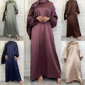 Etnische kleding Eid satijn hijab jurk vrouwen moslim abaya sjaal kaftan ramadan dubai kalkoen gewaad abayas caftan feestjurk islam jalabiya