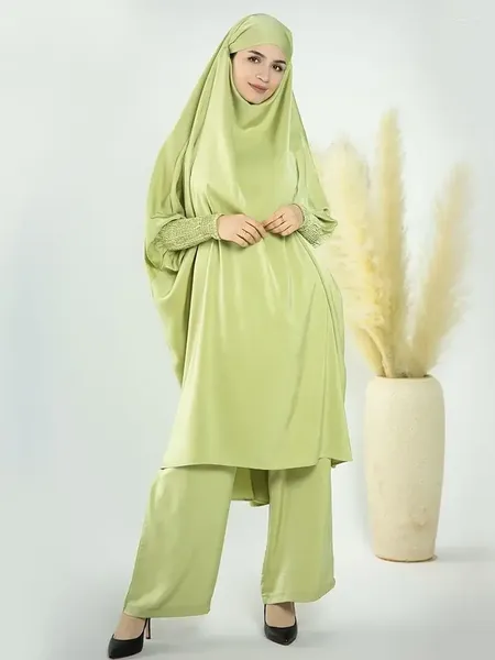 Vêtements ethniques EID Satin Jilbab 2 pièces Ensemble à capuche Femmes musulmanes Vêtements de prière islamique Long Khimar Abaya Pantalon droit Pantalon Dubaï