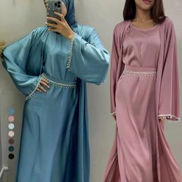 Vêtements ethniques Eid Satin Open Abaya Beads Kimono Abayas musulmanes pour femmes Dubaï Durée de la Turquie Élégante Robe de mariée Islam
