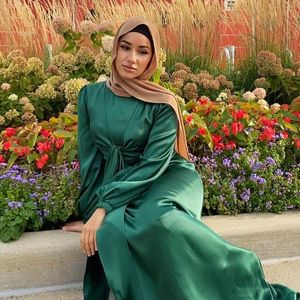 Etnische kleding Eid Satinlike Jurk Dubai Abaya Voor Dames Wrap Voorkant Elegante Lange Mouw Hijab Jurken Party Robe Moslim Islam Turkije Claken