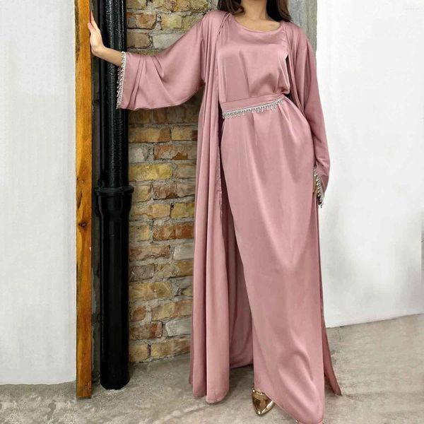 Vêtements ethniques Eid Silky Satin Party Abayas Set 2 pièces Ramadan Femmes avec des chaînes de diamant Cardigan Robe Islamic Abaya 2024 Robes maxi