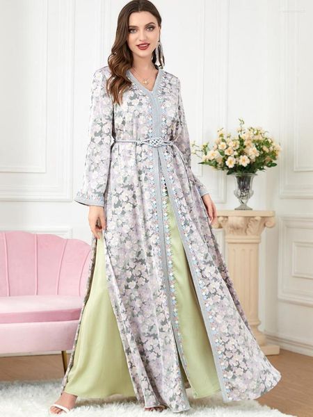 Vêtements ethniques Eid Two-Piece Set Robe Robe Ribbons Elegant Casual Long Robes Flower Kaftan Abayas Muslim SetS Ramadan Islam 2023