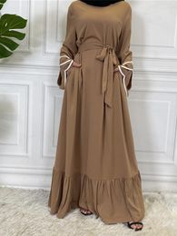 Etnische kleding Eid Women Muslim Maxi A-lijn Abaya-jurken Geplooide Casual Long Sleeve Kimono Vestidos Dress Dubai Turkije Kaftan Islamitisch