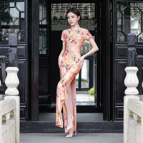 Vêtements ethniques Élastique 6 couleurs Femmes Plus Taille Longue Cheongsam À Manches Courtes Vintage Robe D'été Costumes De Style Chinois Élégant