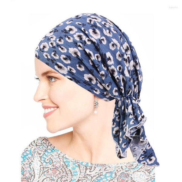 Ropa étnica Algodón elástico Estampado Turbante Floral Interior Hijab Bonney Mujeres Stretch Durag Pre-Tied Chemo Cap Musulmán Pérdida de cabello Sombrero de pirata