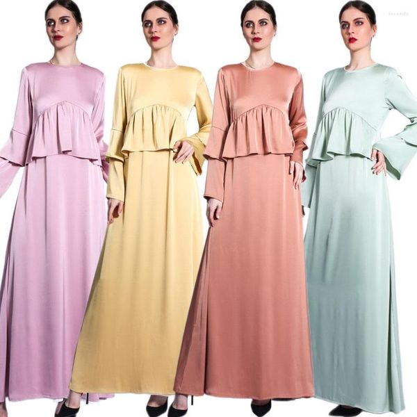 Ropa étnica Elegante Abaya Mujeres Musulmanas Satén Volantes Largo Maxi Vestido Turquía Fiesta Kaftan Islámico Dubai Vestido Clohting Eid Ramadán Femenino