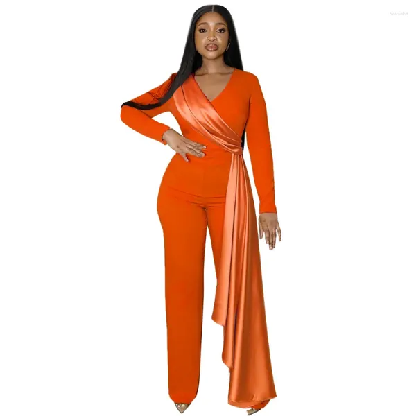 Ropa étnica Ropa africana elegante para mujeres 2024 Manga larga de otoño con cuello en V verde azulado negro de color naranja verde azulado