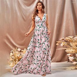 Vêtements ethniques Élégant Beach Mousseline de soie Floral Print Robe longue Femmes 2024 Été Col V Sans manches Taille haute Fête Maxi Soirée Mariage